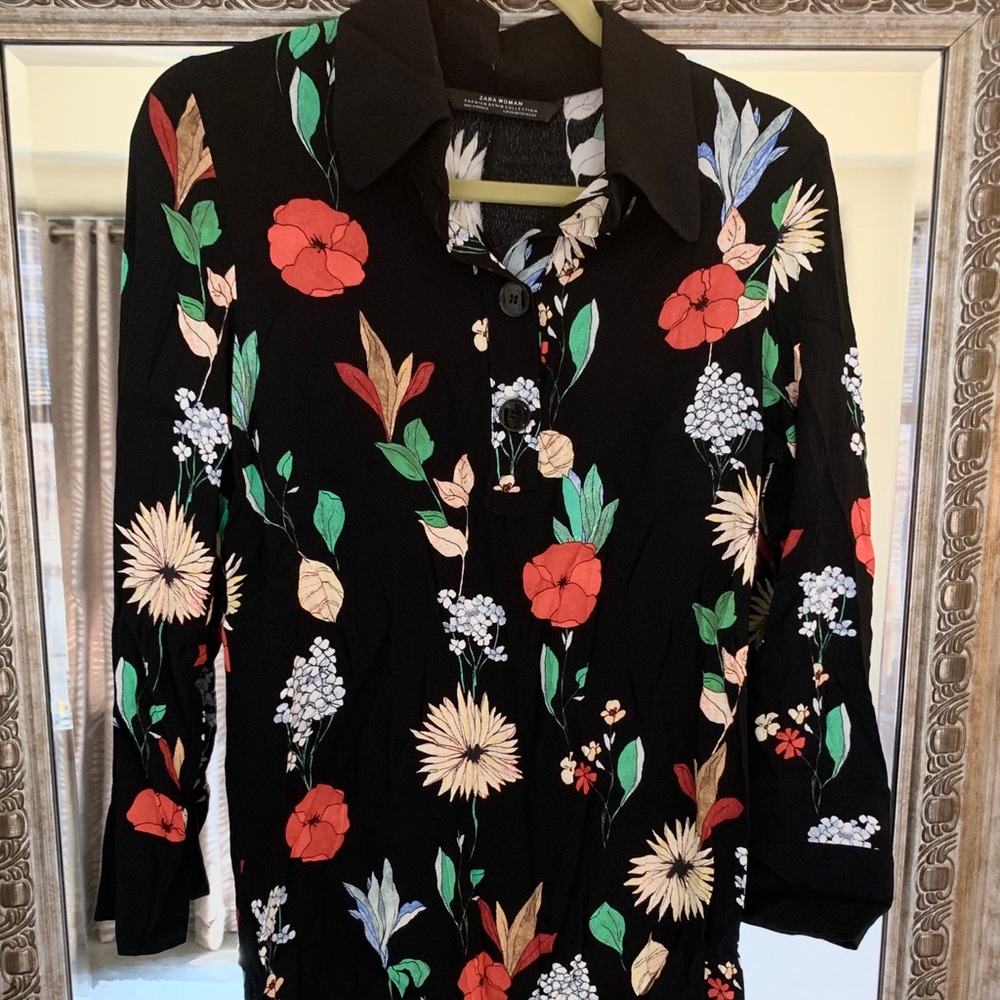 Zara Floral Collared Long Sleeve Dress